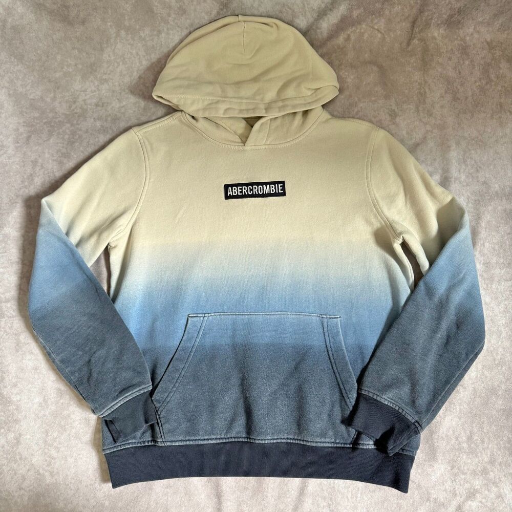Abercrombie kids hoodie boys 15/16 cream blue ombre dip dye pullover skater